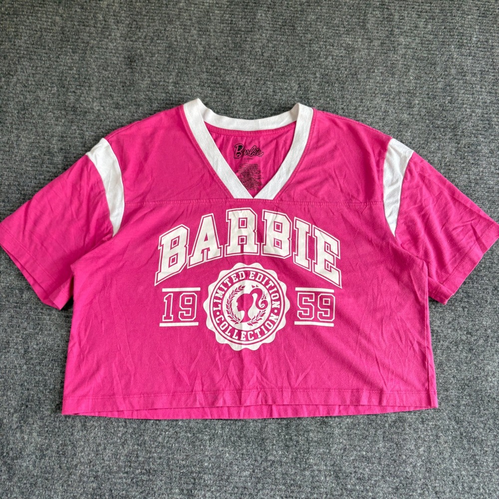 Barbie 1959 Limited Edition Pink Cropped Jersey V-Neck Graphic T-Shirt Large
